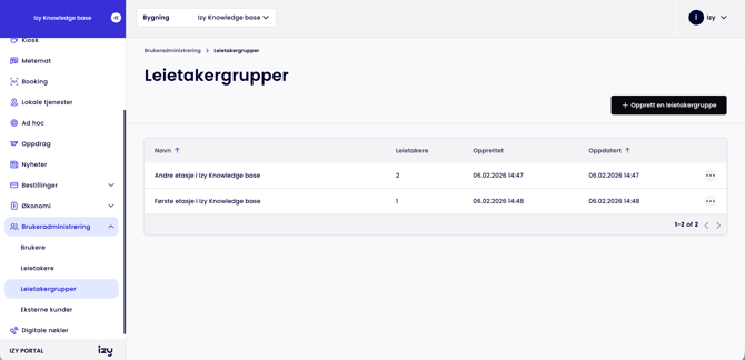 Brukeradministering - Leietakergrupper - Izy Portal